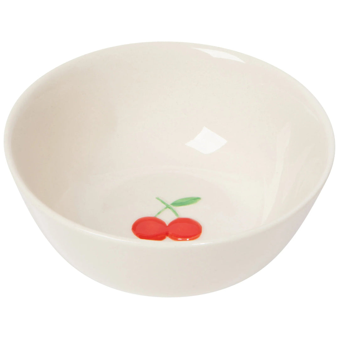 White ceramic bowl with red cherries design on a white background
