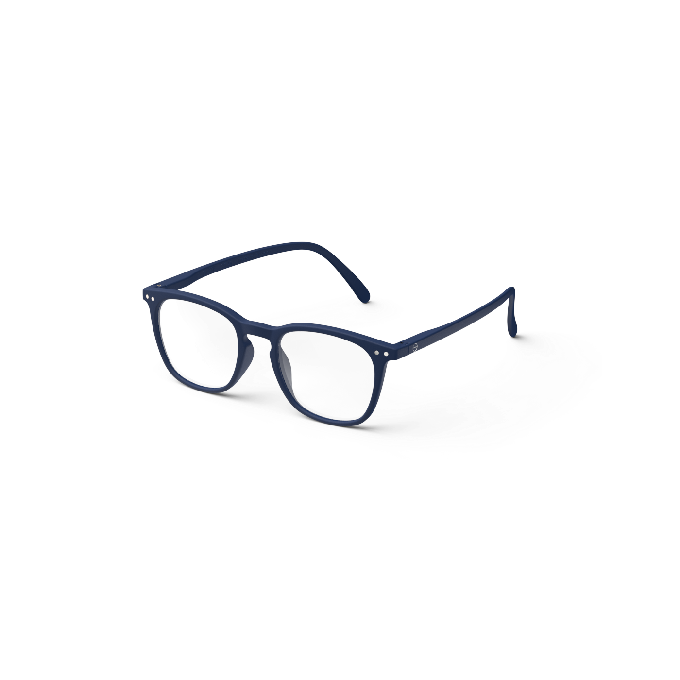 Navy blue reading glasses with flexible arms, displayed on a white background.