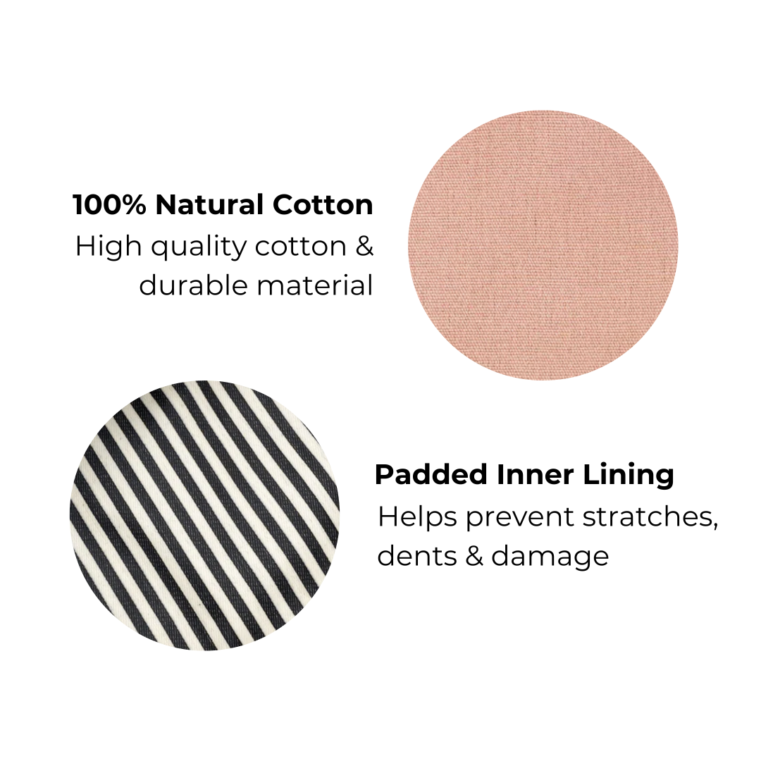 Text and fabric swatches highlighting 100% natural cotton and padded inner lining features.