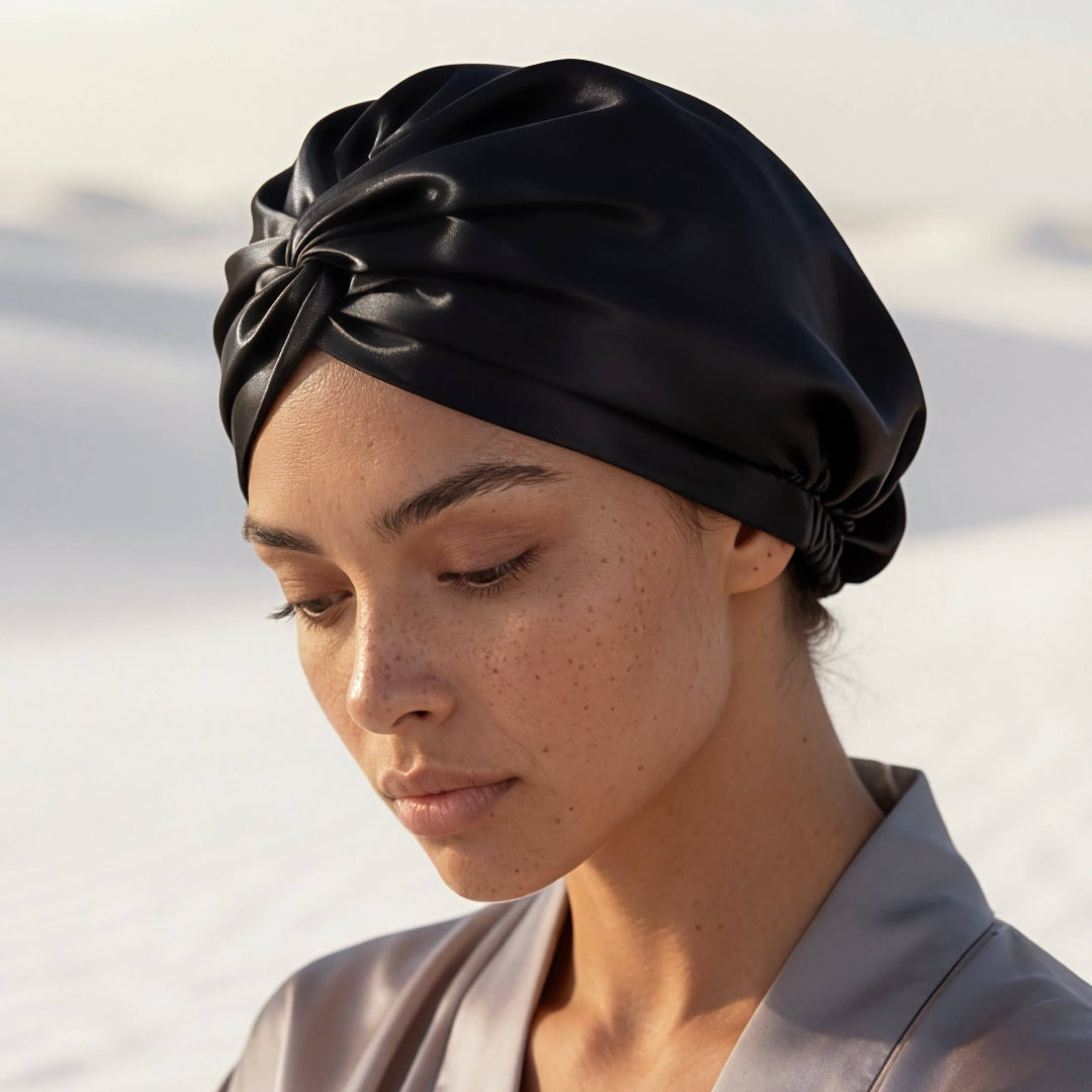 Woman wearing a black satin headscarf with a blurred natural background