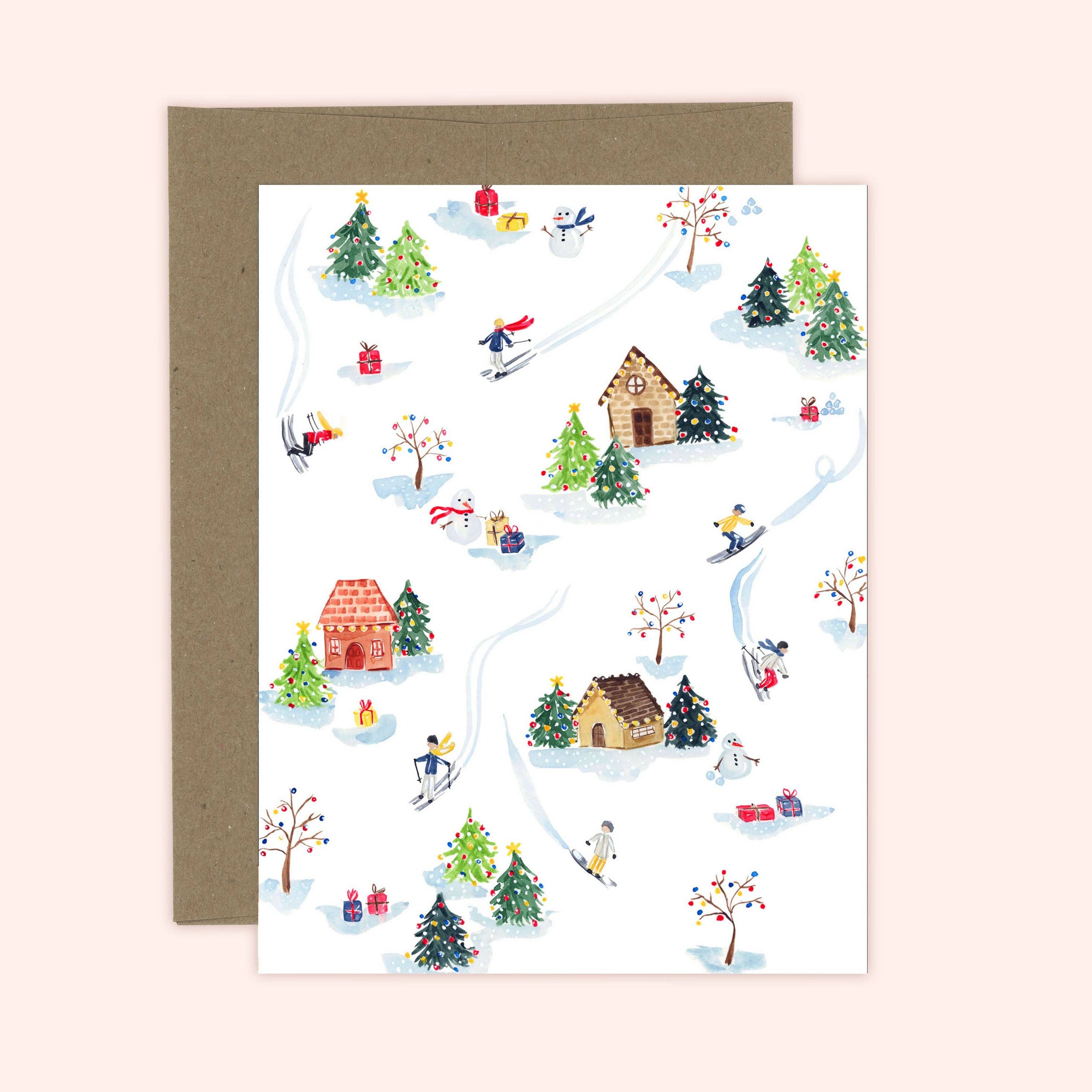 Christmas-themed card with winter scene, trees, houses, and people skiing on a white background.