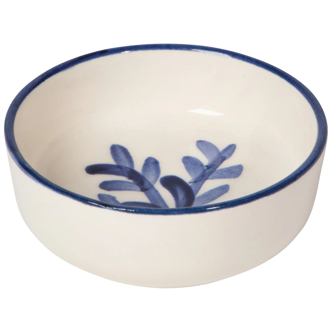 Ceramic bowl with blue floral design on a white background