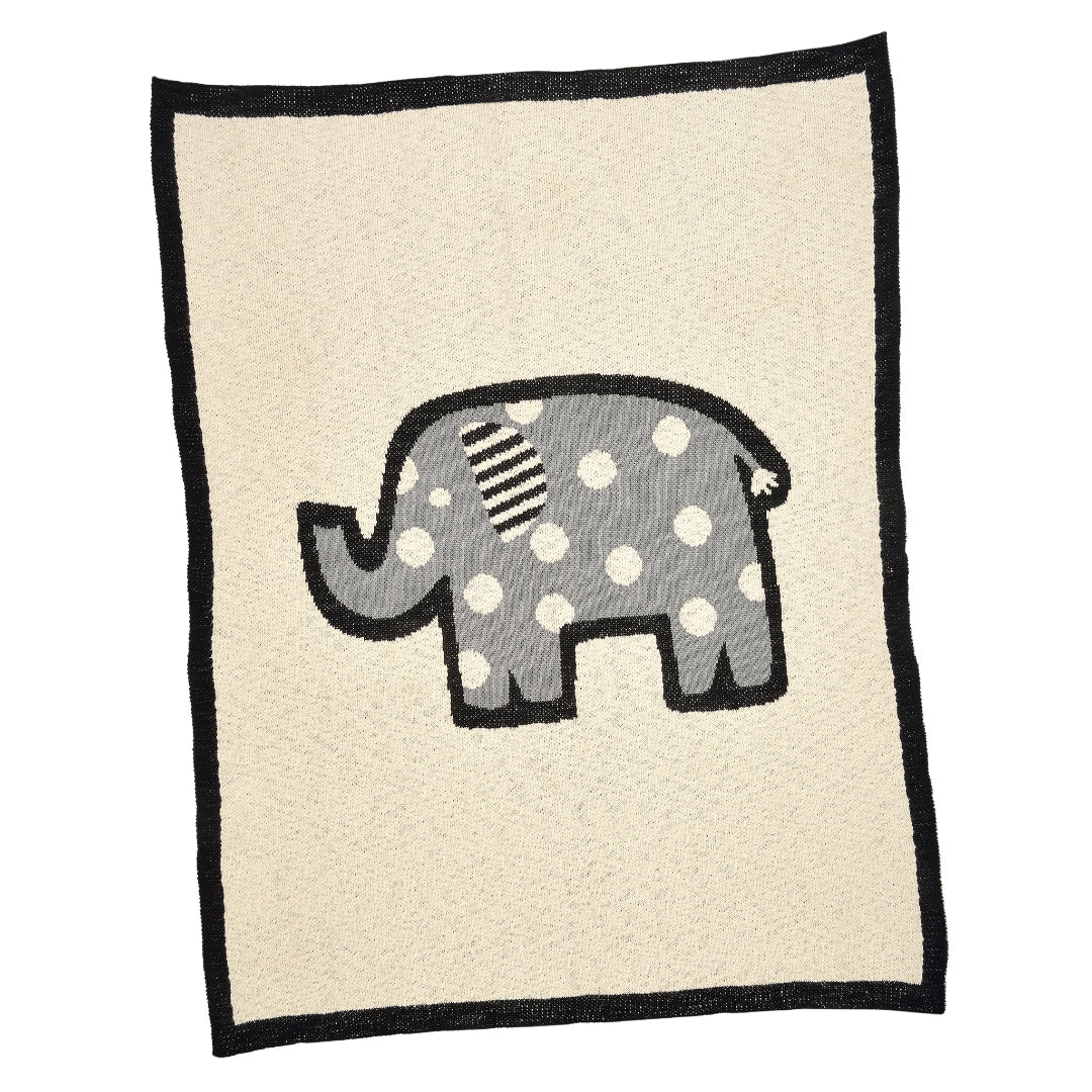 A beige baby blanket with a gray elephant pattern and black trim.