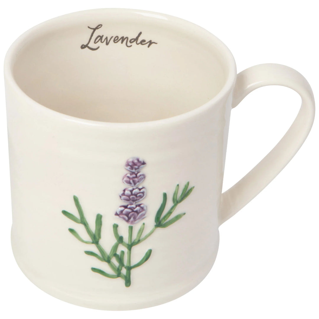 White mug with lavender design and text on a white background