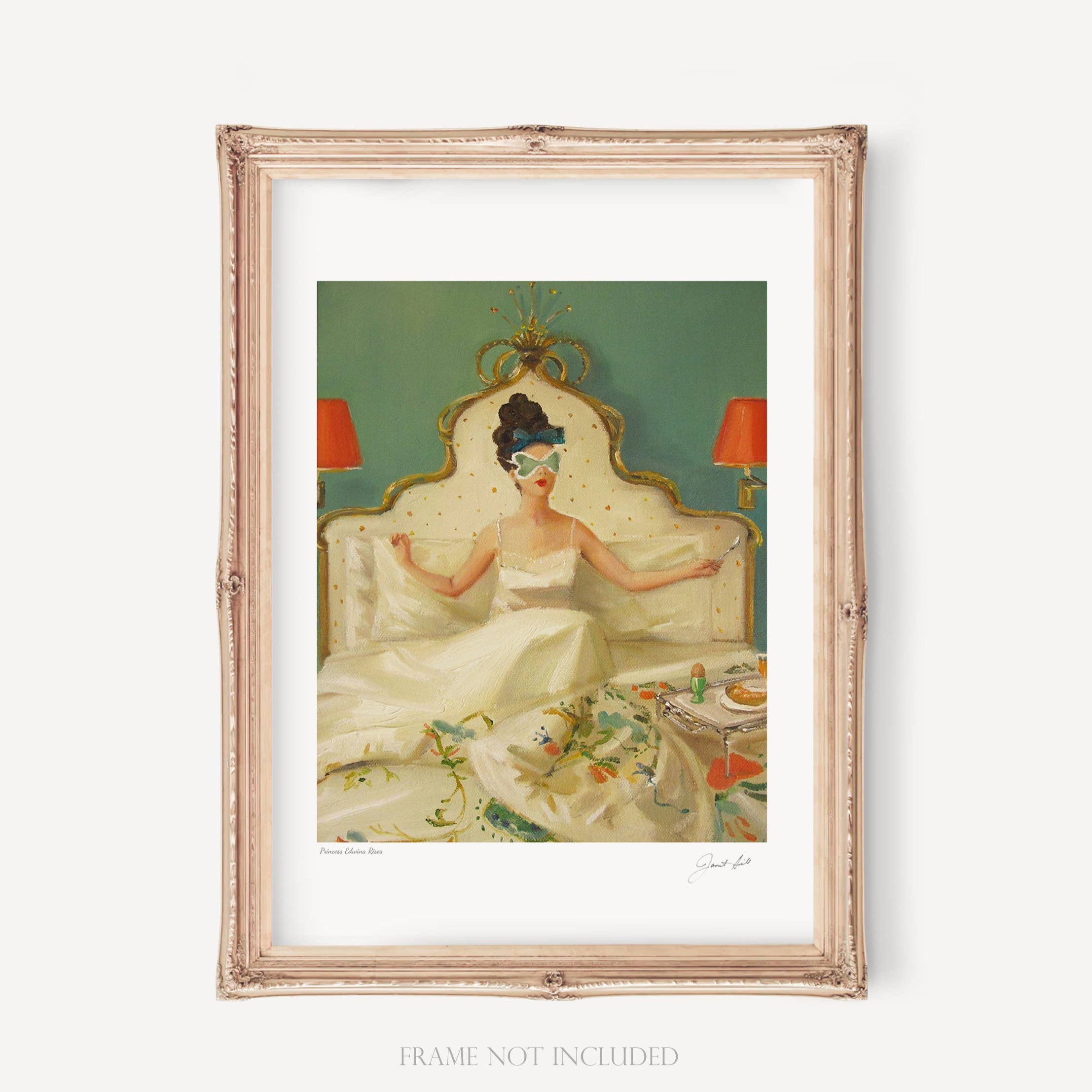 An art print depicting a woman in a white dress seated on a sofa with a decorative backdrop, framed in a light wooden frame. The frame is displayed with a white border and a note stating 'Frame not included'.