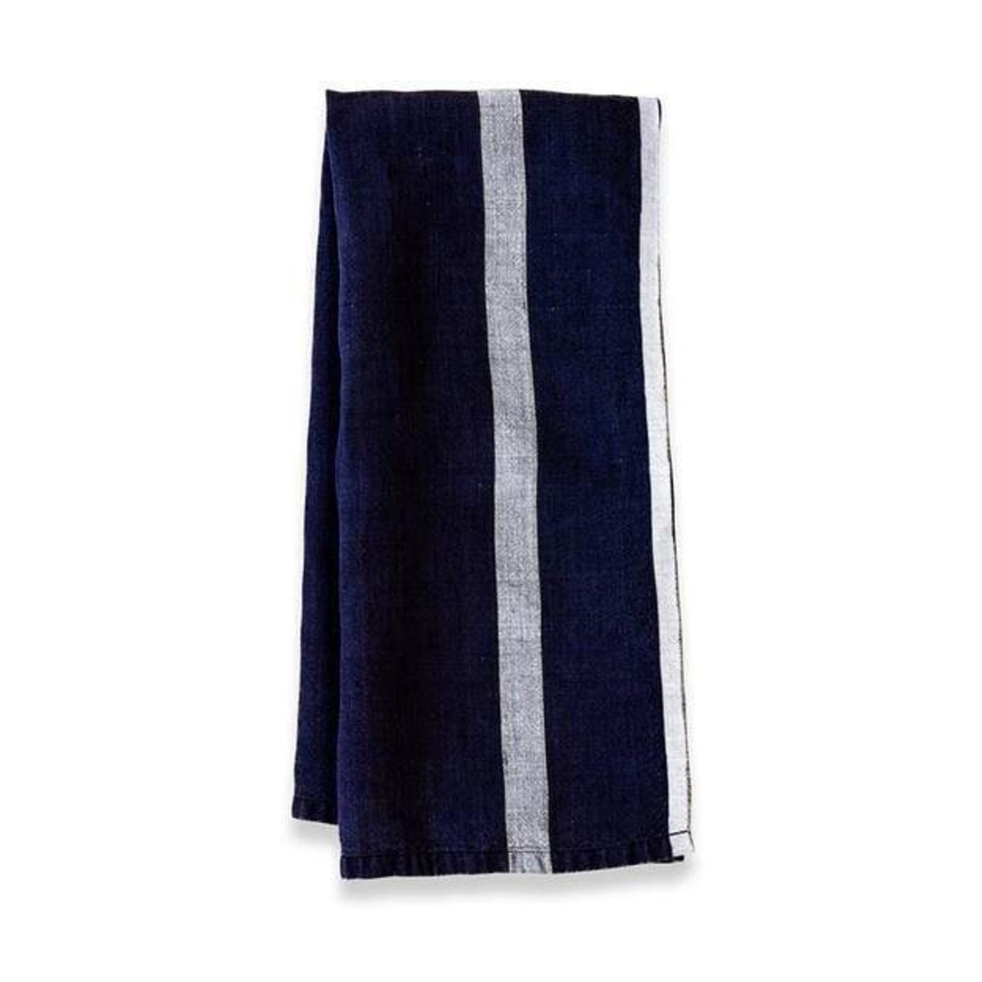 Navy blue towel with a white stripe on a white background