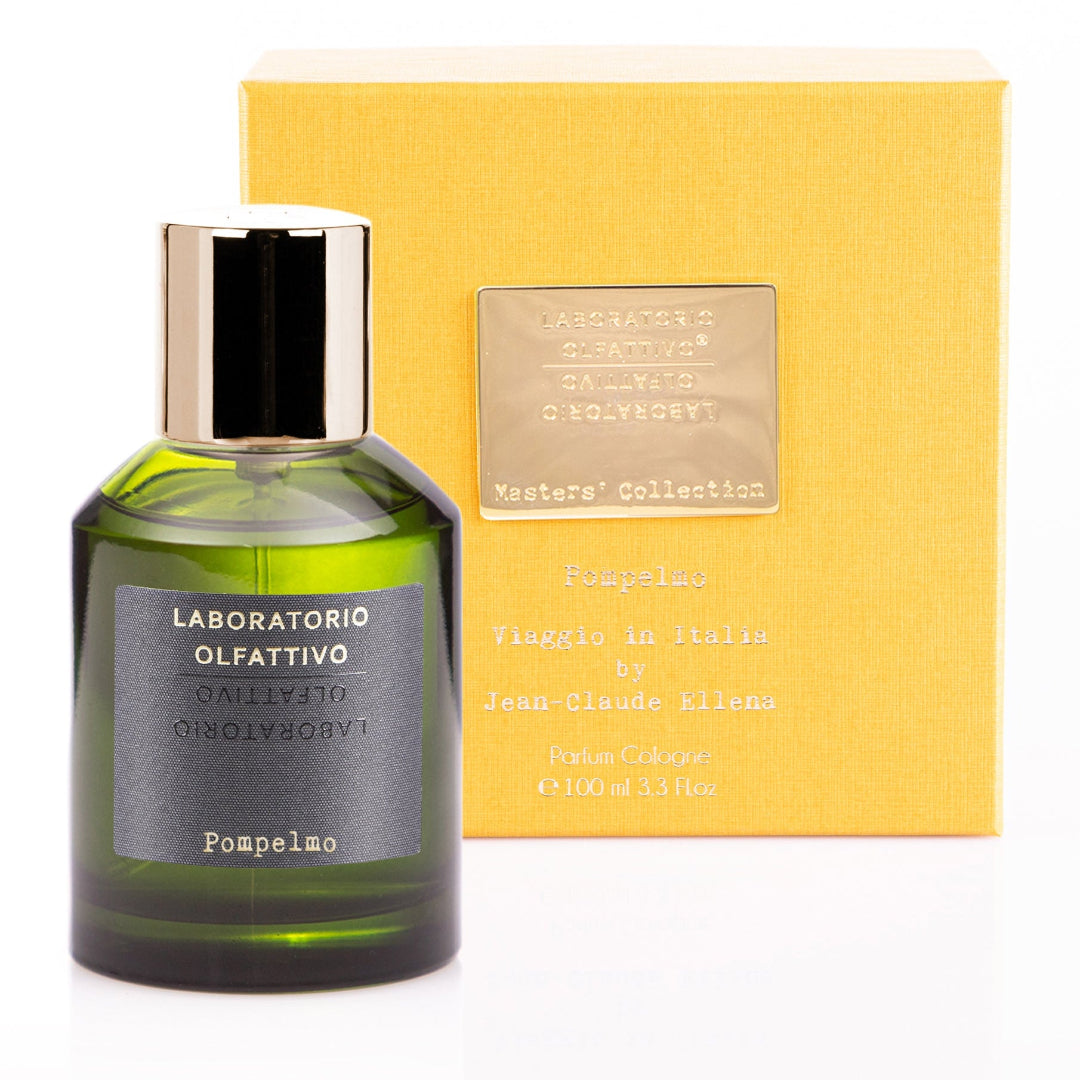 A bottle of 'Pompelmo' cologne in a yellow box.