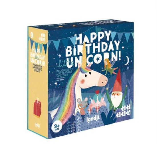 Box for 'Happy Birthday Unicorn!' toy set with colorful design and text.