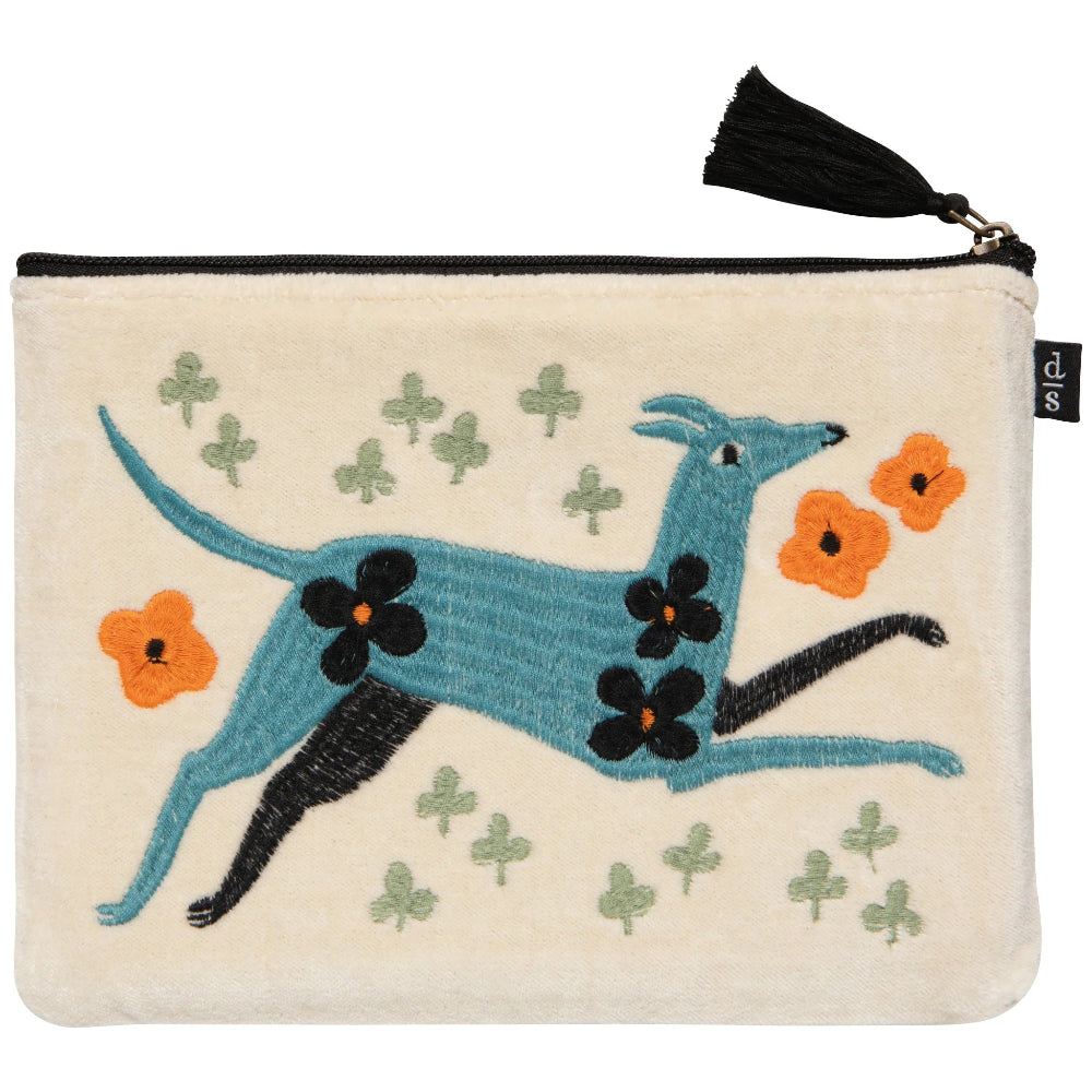 Pouch with a blue dog design and flowers on a white background