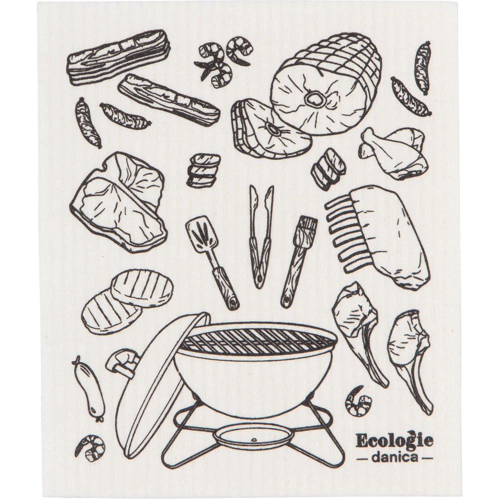 Black and white illustration of barbecue items on a white background with 'Ecologic danica' branding.