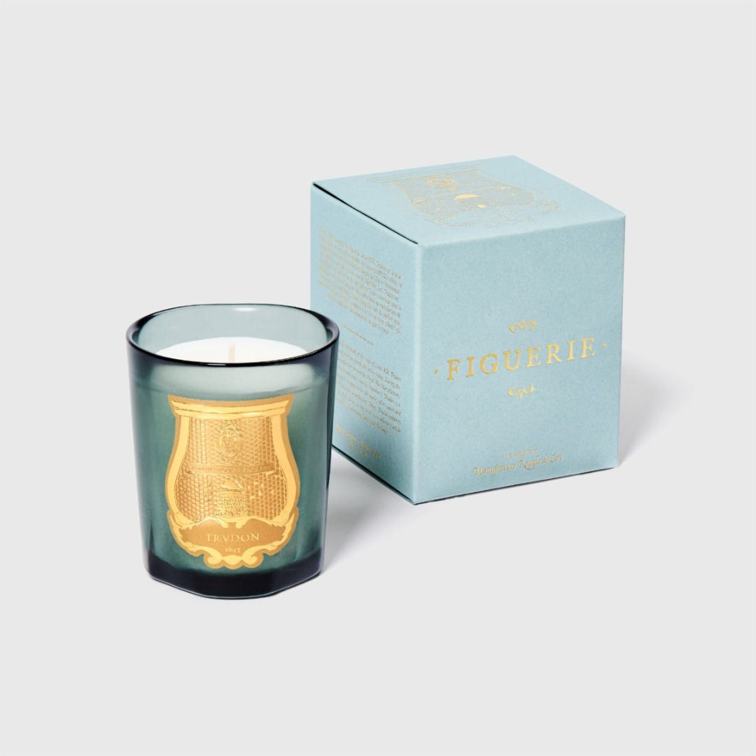 Trudon Fig candle with gold emblem and matching box on a light background