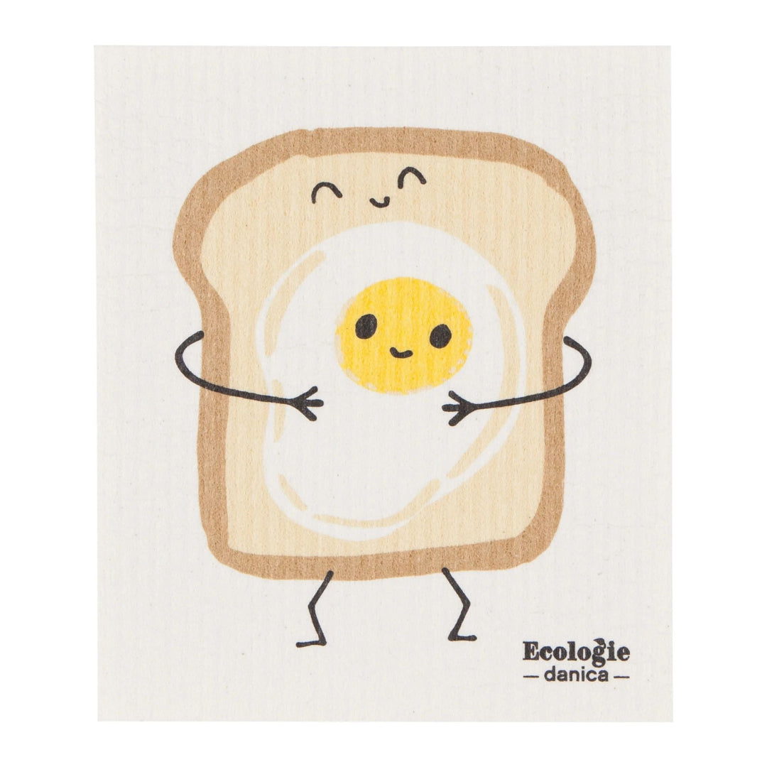Funny design of a fried egg in a slice of bread with arms and legs, on a white background with 'EcoLogie danica' branding.