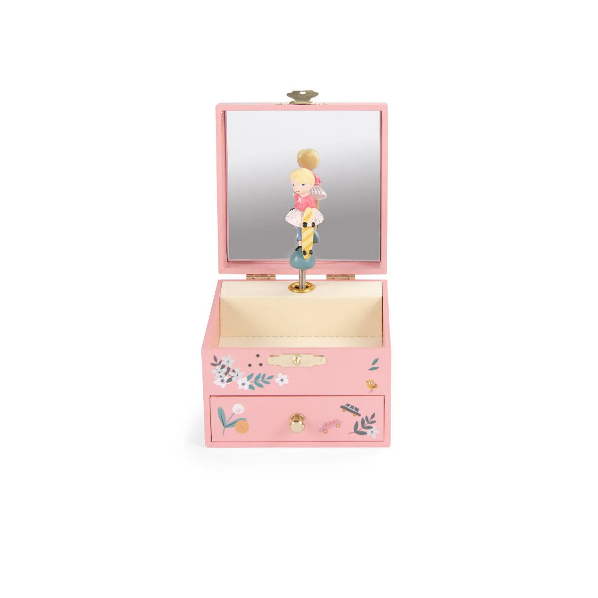 Pink jewelry box with a mirror and fairy figurine on a white background