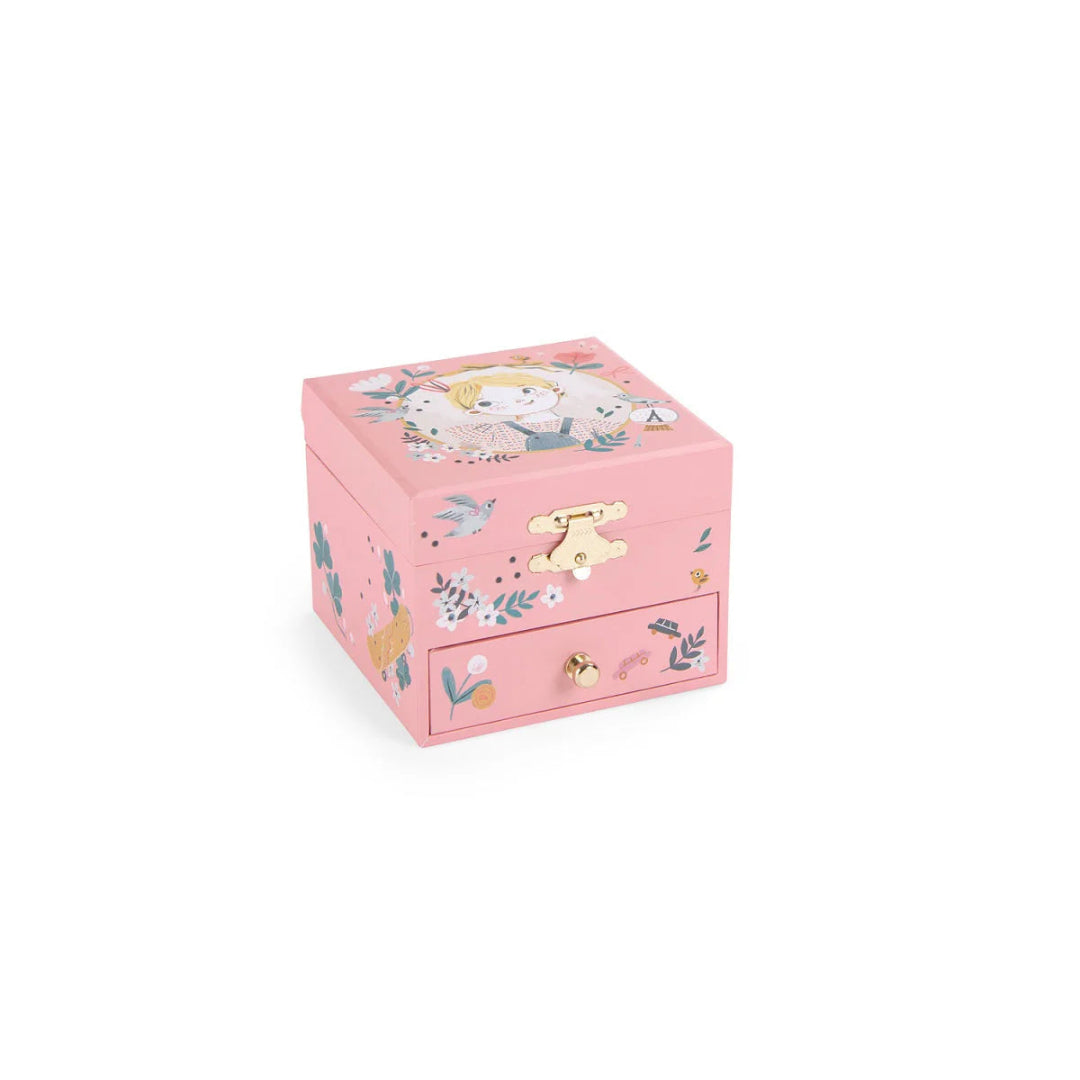 Pink jewelry box with floral and character design on a white background