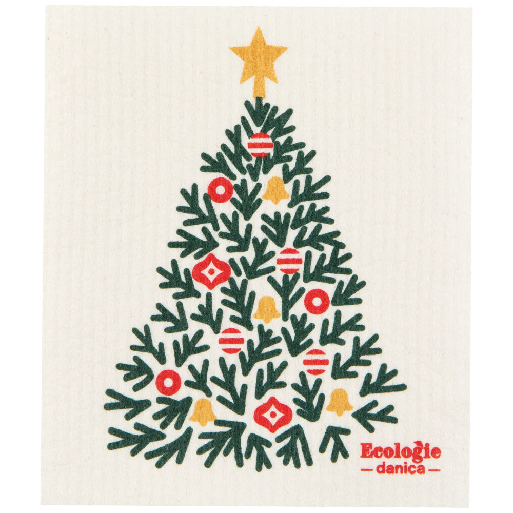 Decorative dishcloth with a Christmas tree design and 'Ecologie danica' branding on a white background