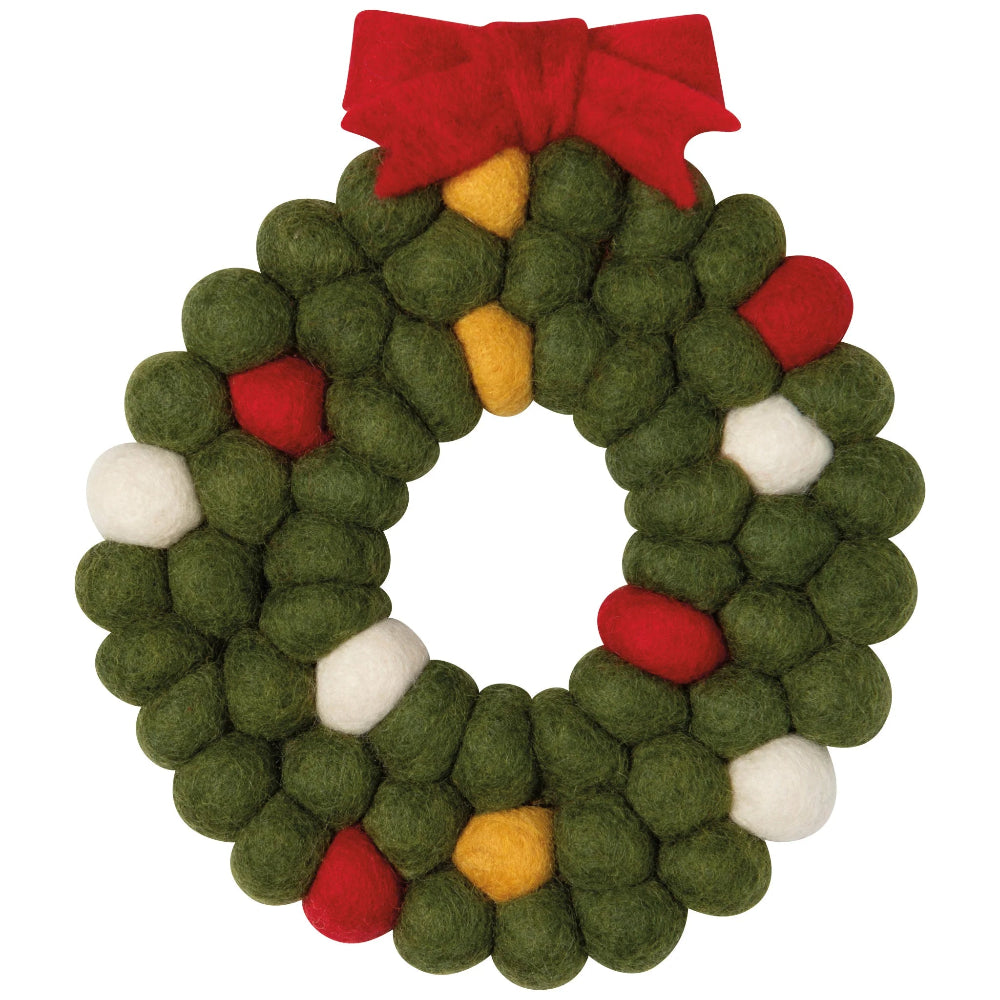 Felt ball wreath with a red bow on a white background