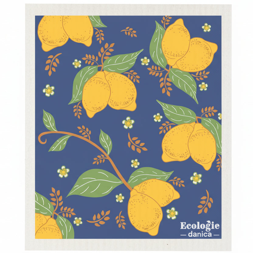Pattern of lemons and leaves on a blue background with 'Ecologie danica' branding.