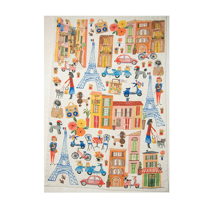 A multicolored, textured cotton tea towel featuring artistic illustrations of people, cars, and buildings, predominantly in a Parisian theme.