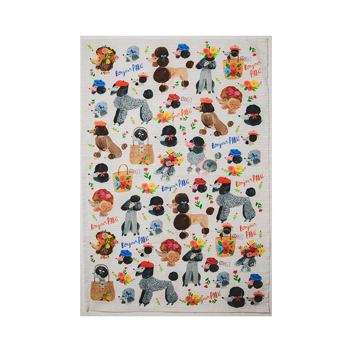 A multicolored tea towel with a pattern of poodle dogs in various poses and expressions.