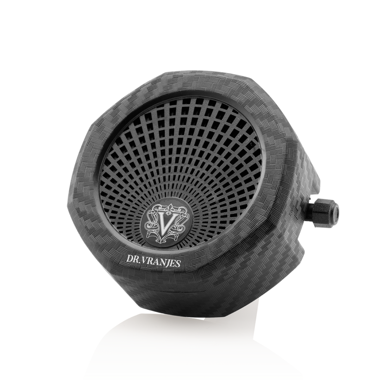 A carbon fiber coloured finish Carparfum diffuser by Dr. Vranjes, designed to be attached to a vehicle's ventilation system for fragrance diffusion.