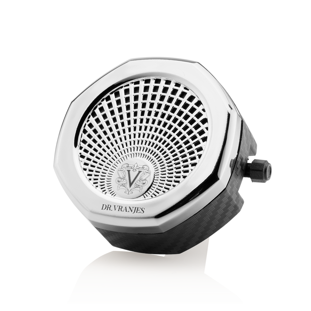 A chrome finish Carparfum diffuser designed to be attached to a car's ventilation system, with a visible logo and grid-like pattern.