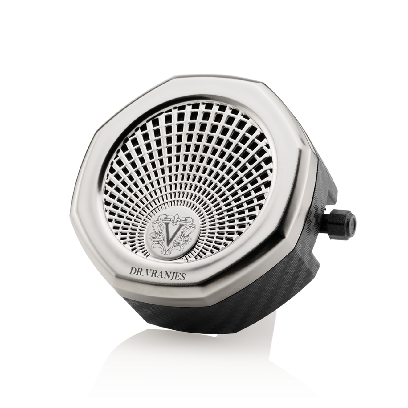 A nickel finish Carparfum diffuser with active ventilation system designed for use in vehicles.