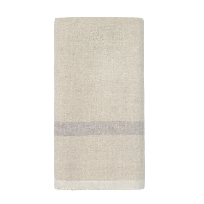 A beige linen tea towel with a grey stripe, displayed flat.