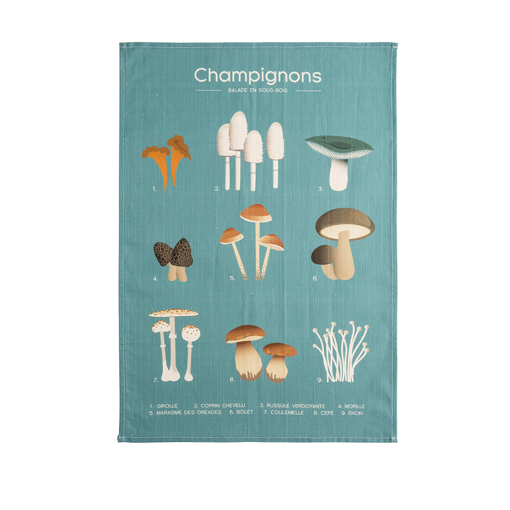 A blue tea towel with an illustration of various mushrooms printed on it, along with the text 'Champignons' and a list of mushroom names.
