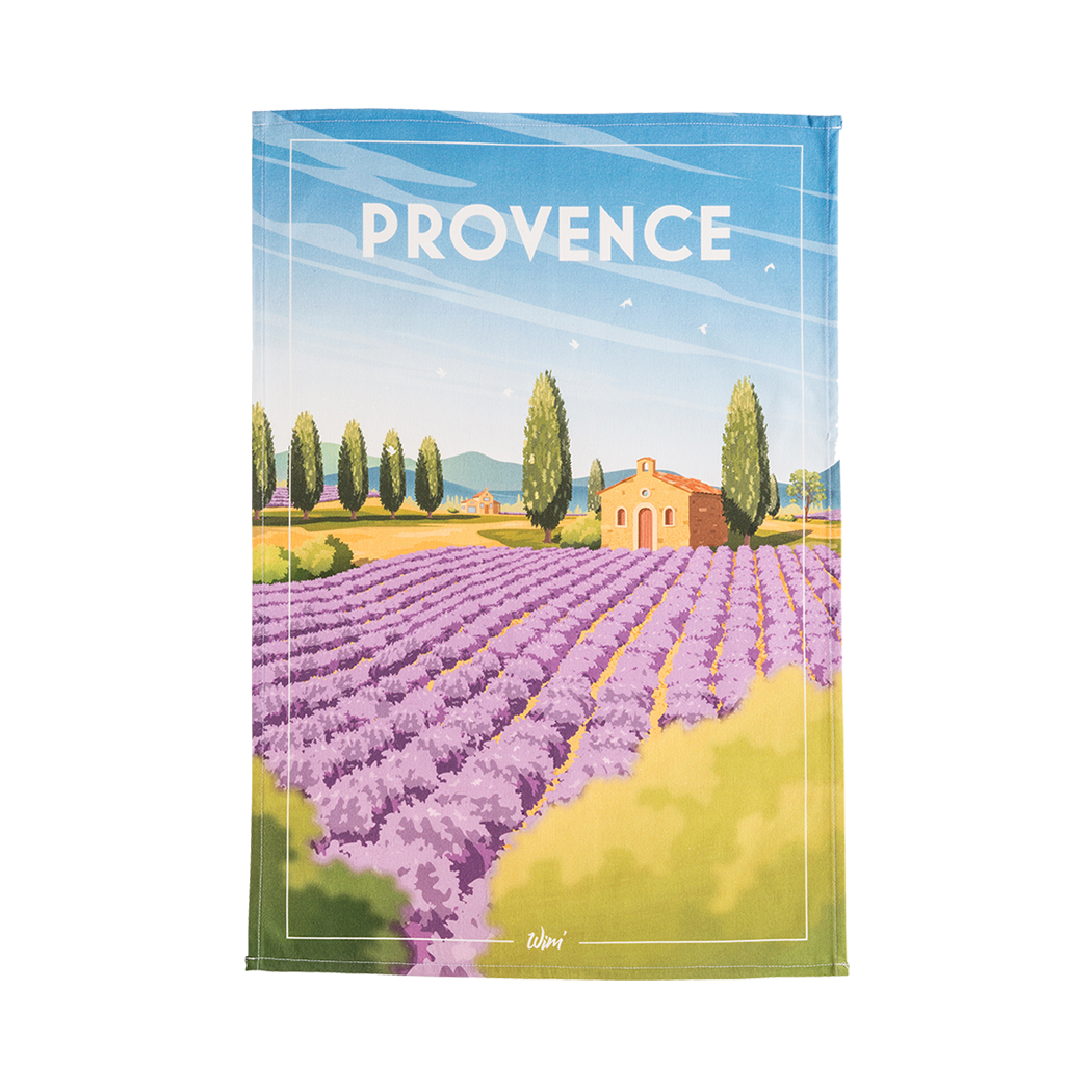 A multicolored cotton tea towel with a printed design depicting a house and lavender fields.