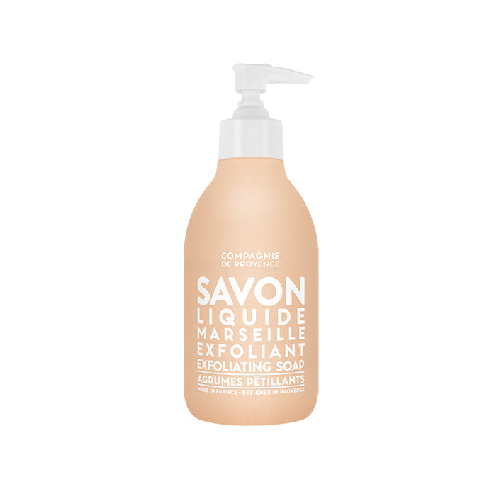 A pump bottle of liquid soap labeled 'SAVON LIQUIDE MARSEILLE EXFOLIANT' against a white background.