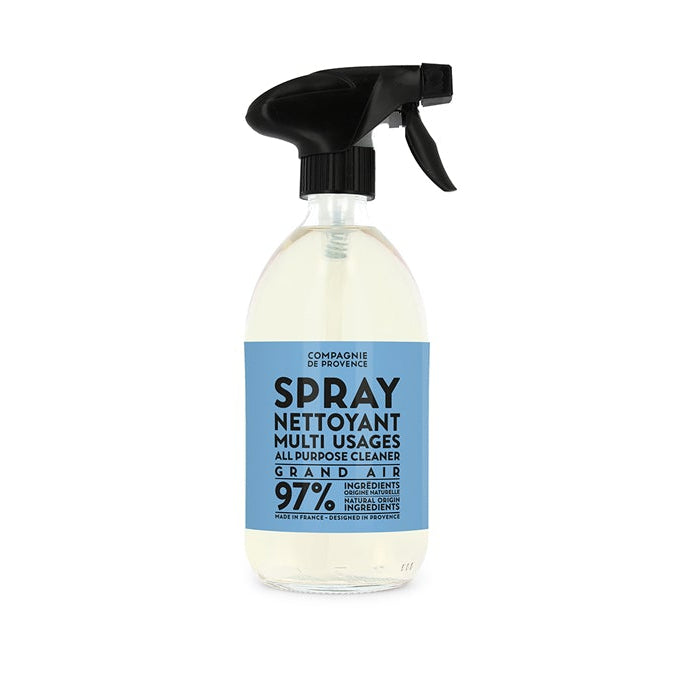A clear spray bottle labeled 'Open Air All Purpose Cleaner' with a blue and white label, indicating that 97% of the ingredients are natural.