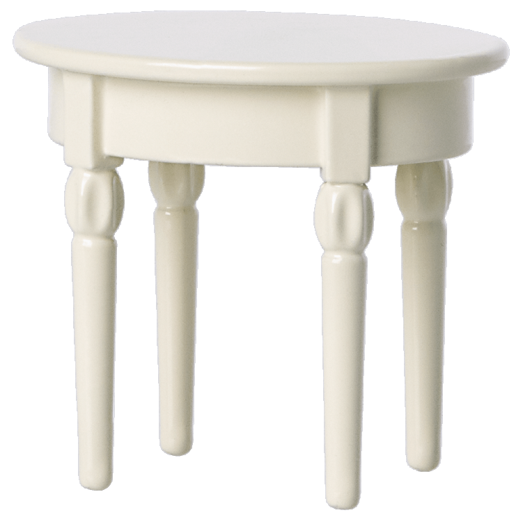 A small white round side table with four legs, suitable for a dollhouse or toy setting.