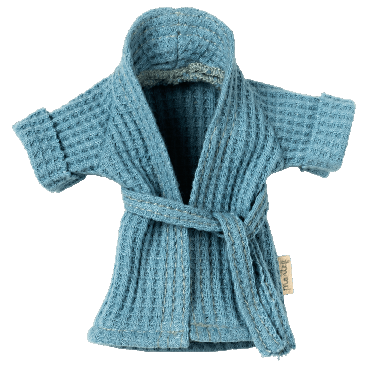 A dusty blue mini bathrobe for children, made of a soft fabric, with a hood and a tie belt.