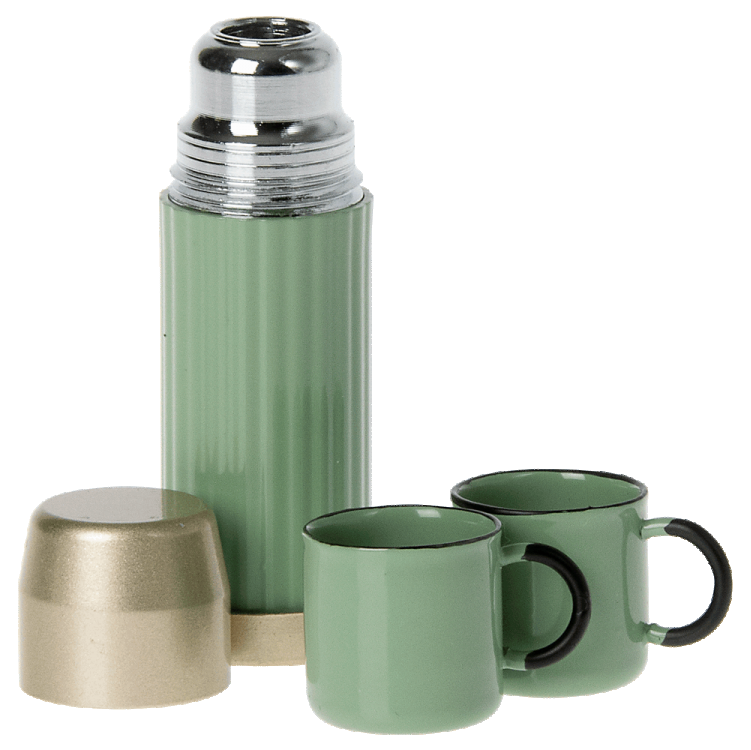 Green thermos and two matching mugs on a white background