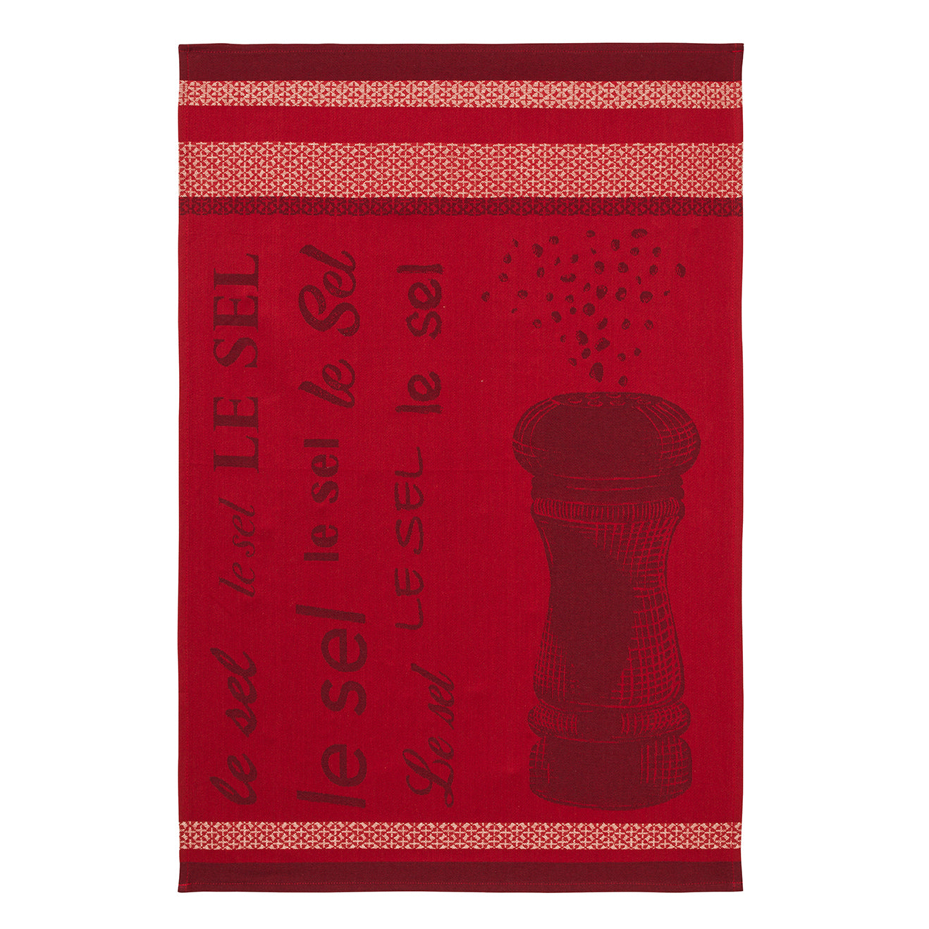 A red cotton tea towel with a salt shaker design and text that reads 'le sel', with a decorative stripe pattern at the borders.