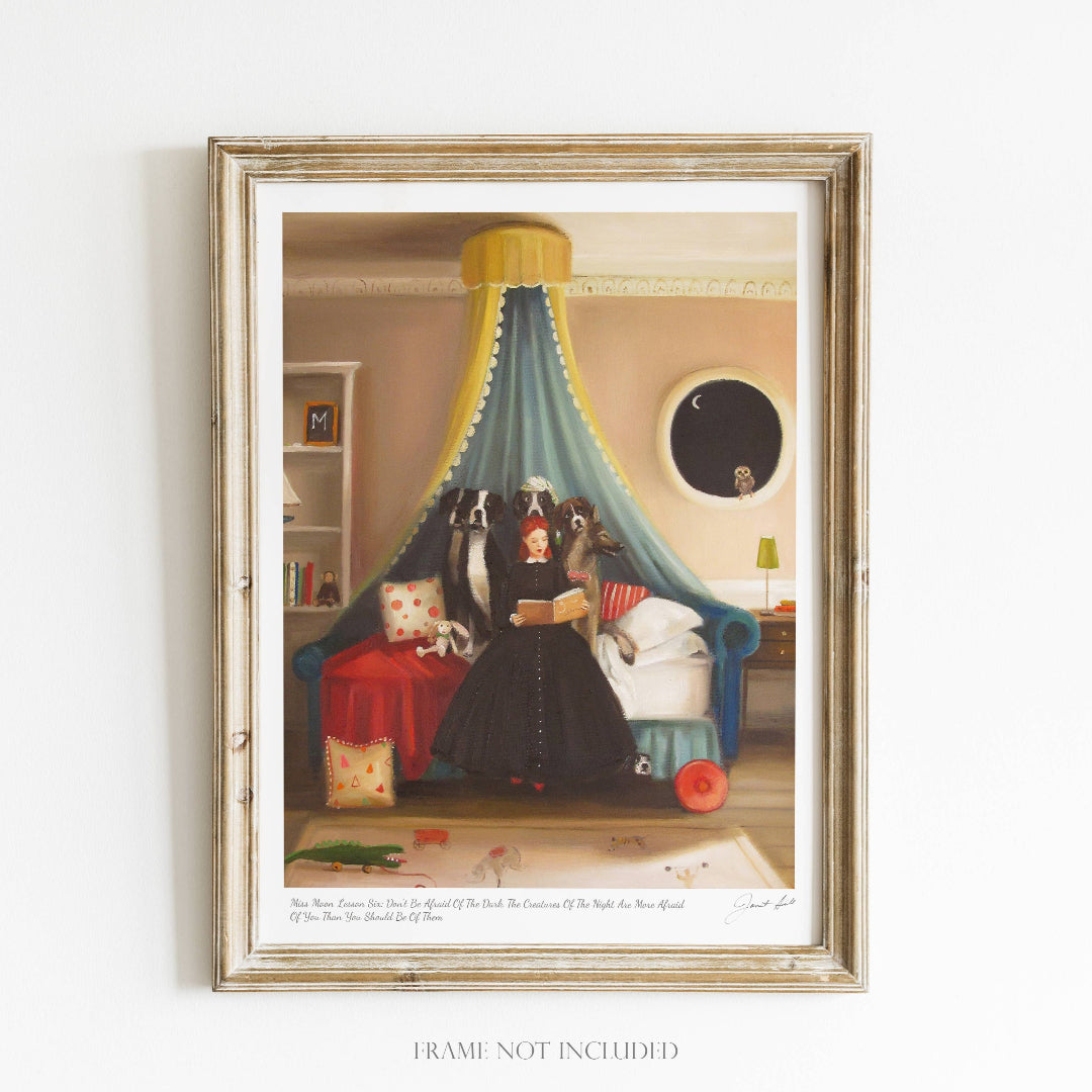 A framed art print featuring a whimsical scene with a dog governess reading to a child in a room with a blue moonlit ceiling.