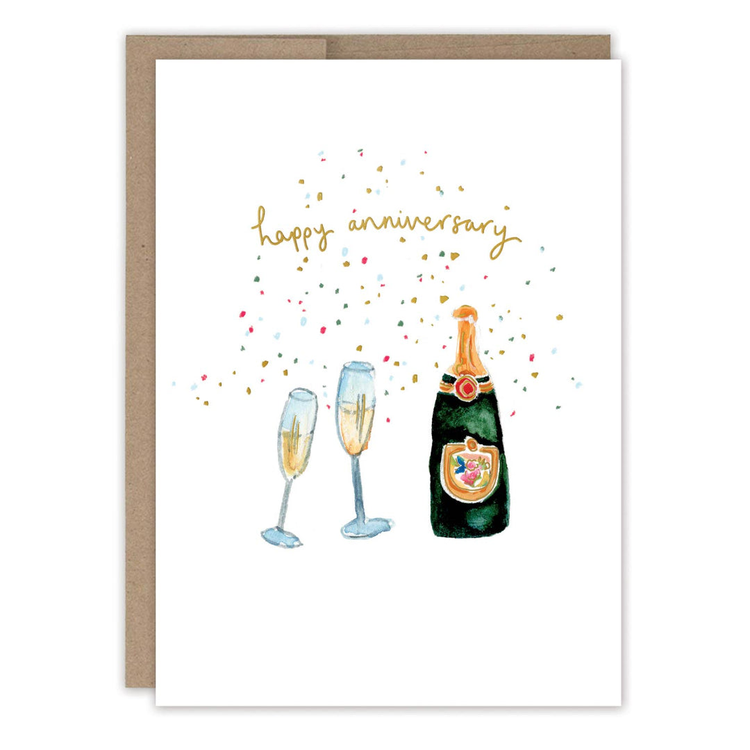 Greeting card with champagne bottle and glasses and 'Happy Anniversary' text.