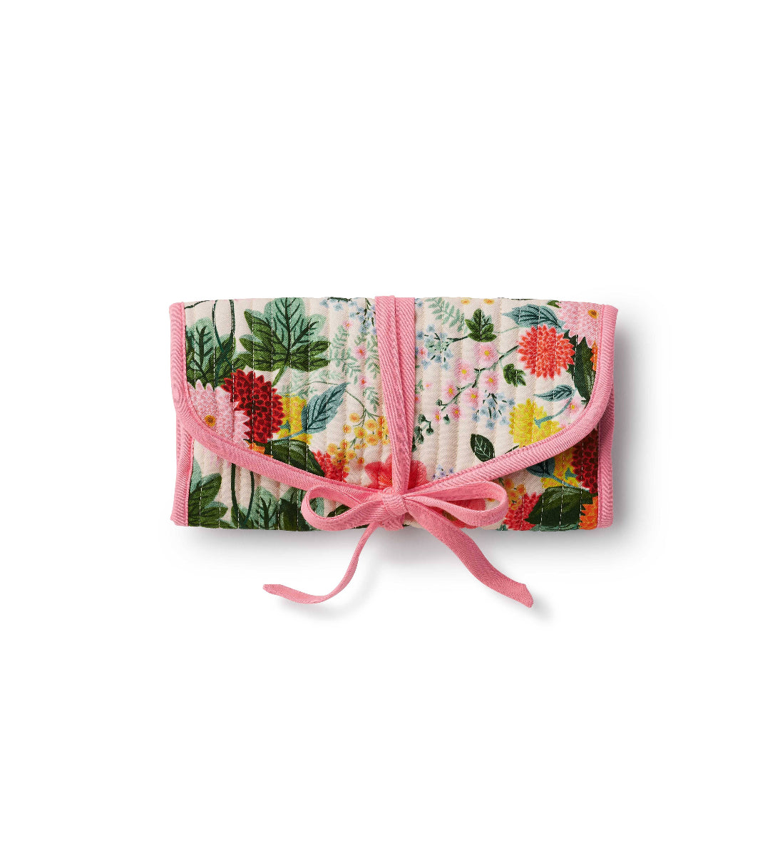 Floral-patterned jewelry roll with a pink ribbon on a white background