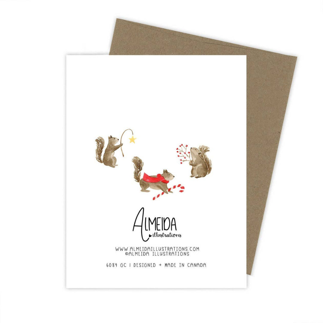 Card with illustrations of squirrels and a brown envelope on a white background