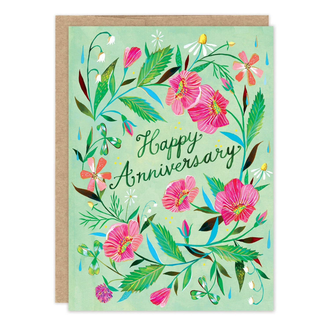 Greeting card with floral design and 'Happy Anniversary' text on a light green background