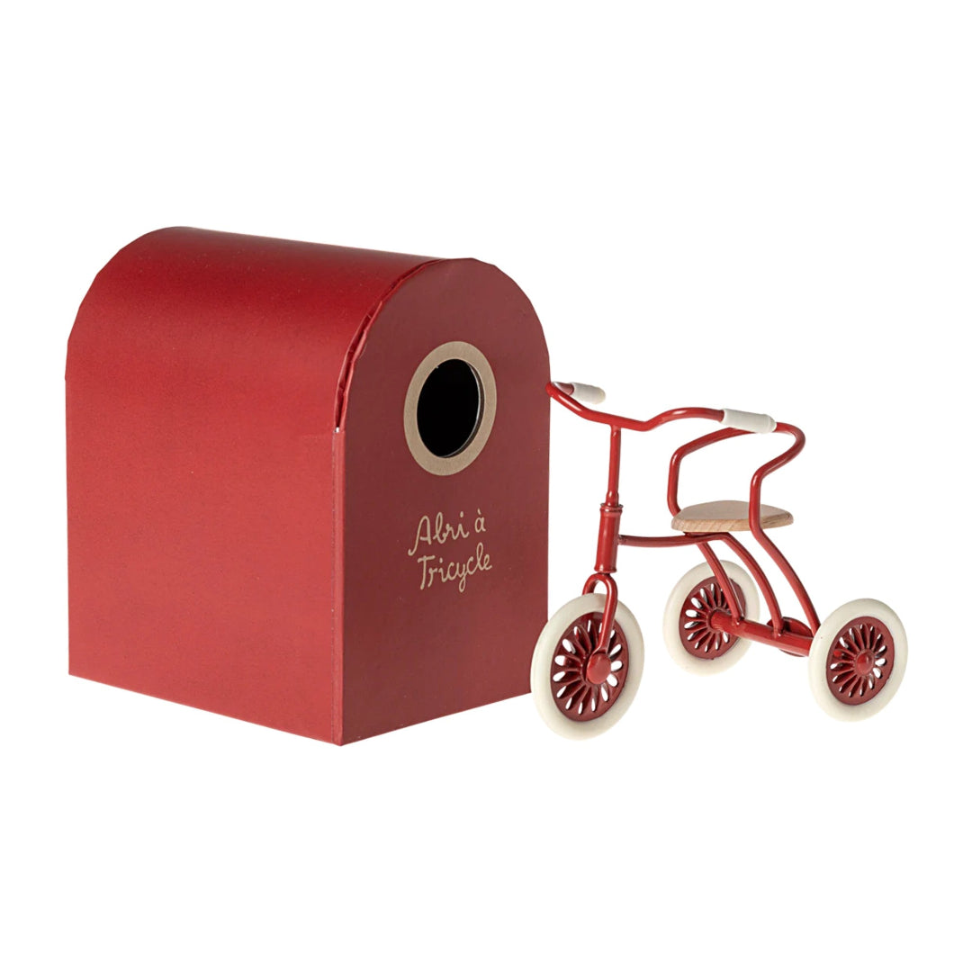 Red toy tricycle next to a matching red box on a white background