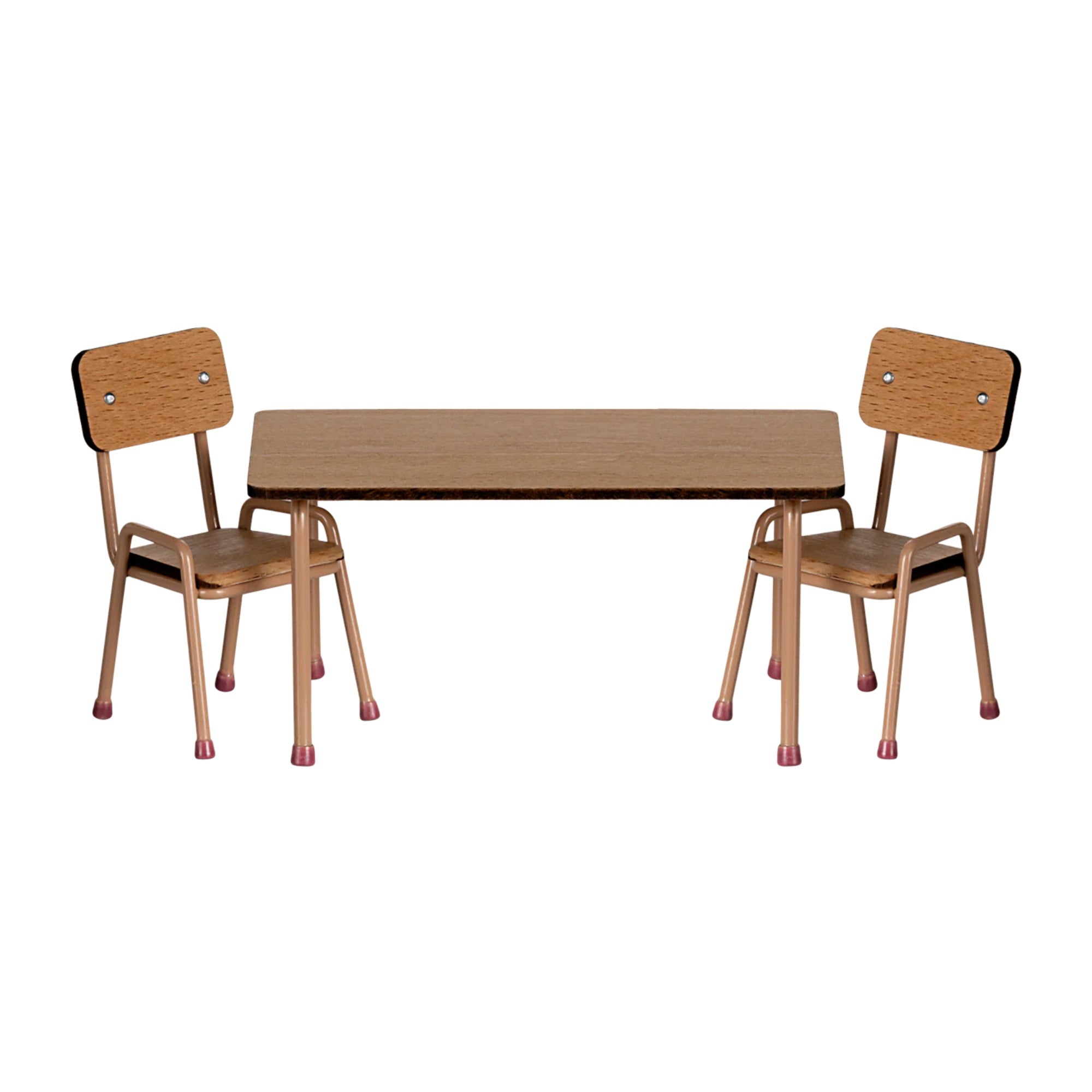 Wooden table with two matching chairs on a white background