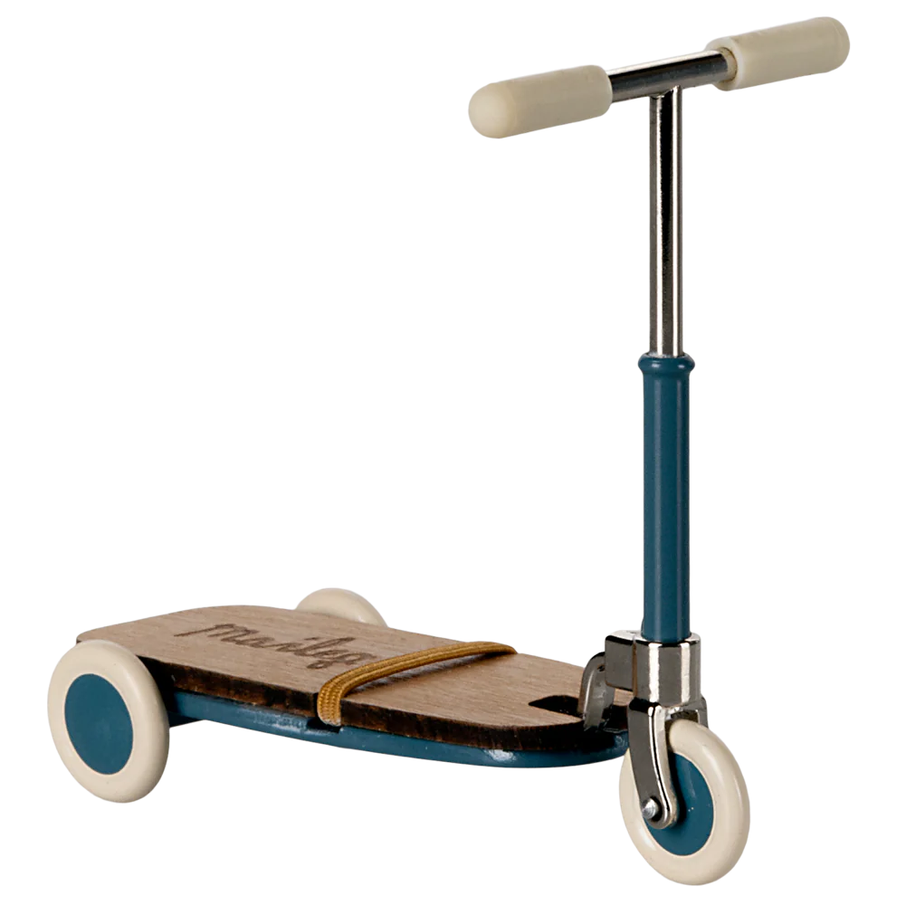 A blue and beige children's kickboard scooter with wooden details and metal handlebars.