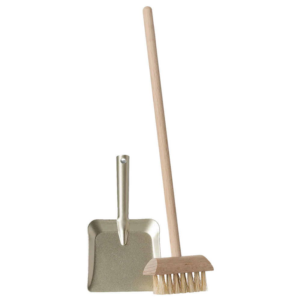 Cleaning tools including a broom and dustpan on a white background