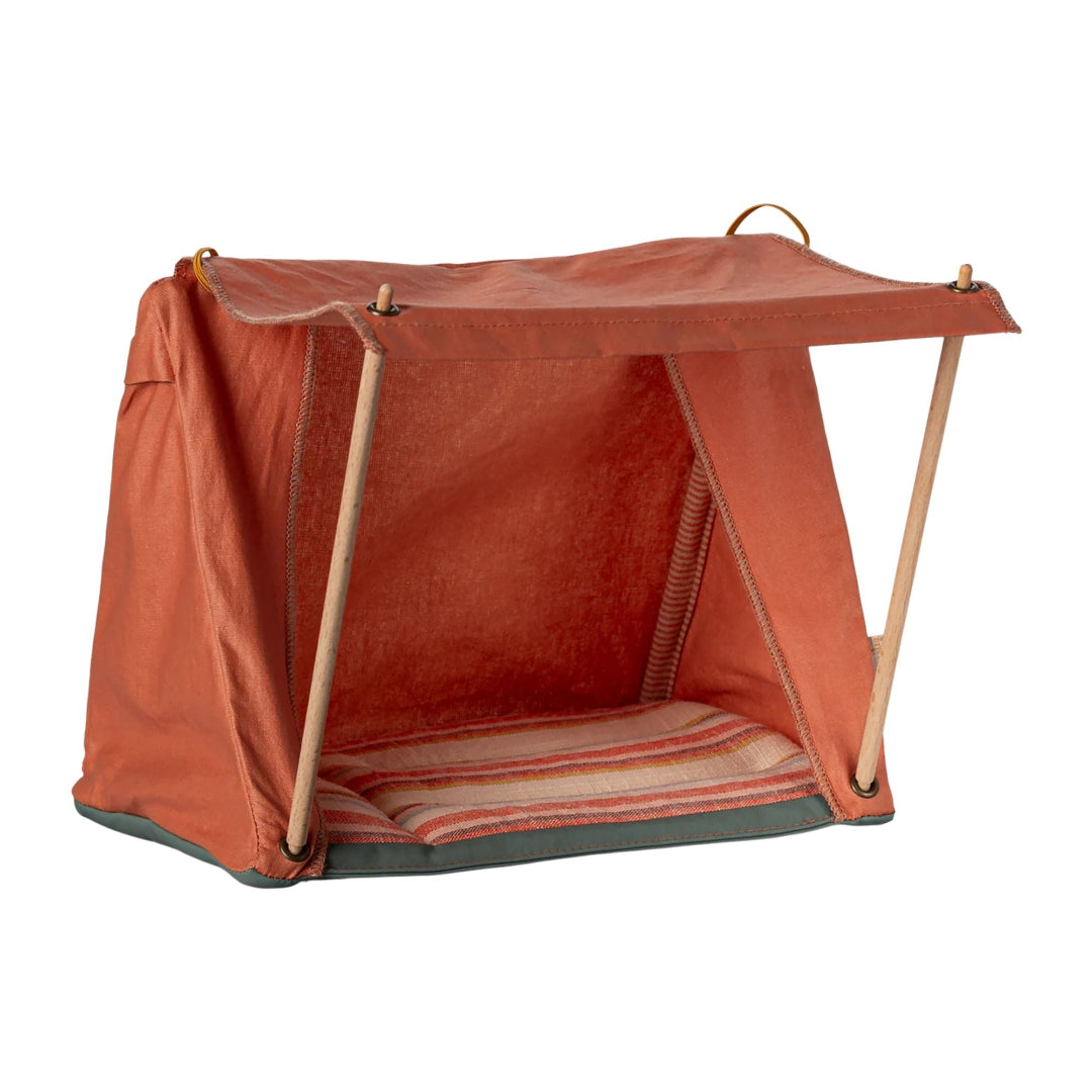 Orange tent with wooden poles on a white background