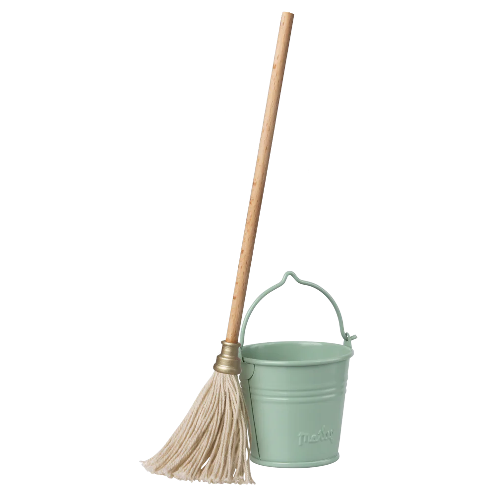 Mint green bucket with a broom on a white background