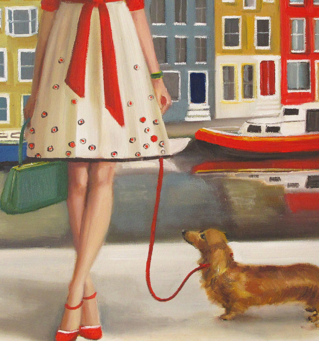 Woman in a red and white dress with a green bag walking a dog in front of colorful buildings and boats.