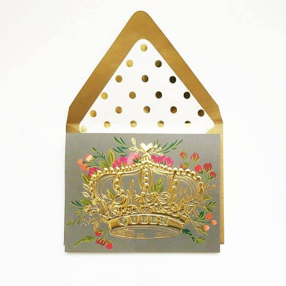 The First Snow - Queen Gold Embossed Crown with Flowers Greeting Card