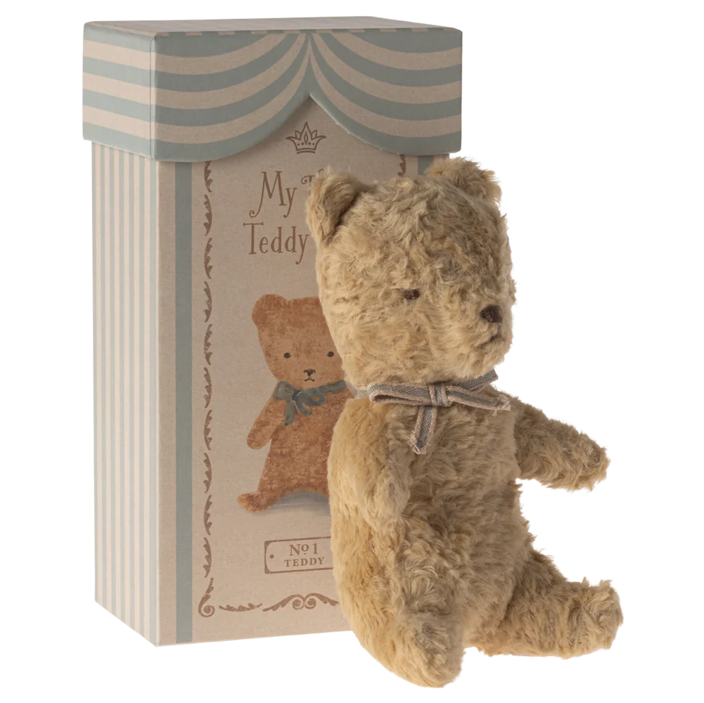 Stuffed teddy bear with a decorative box on a white background