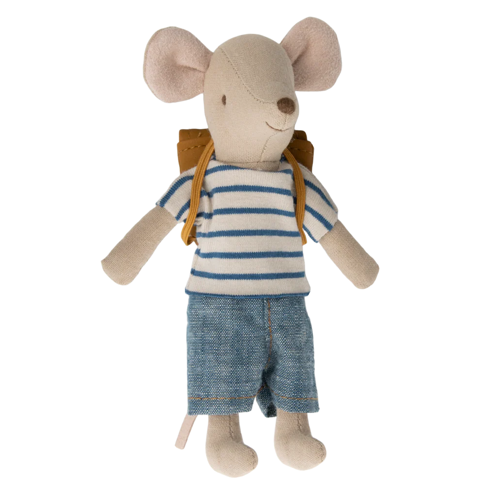 Stuffed toy mouse wearing a striped shirt and shorts with a backpack on a white background